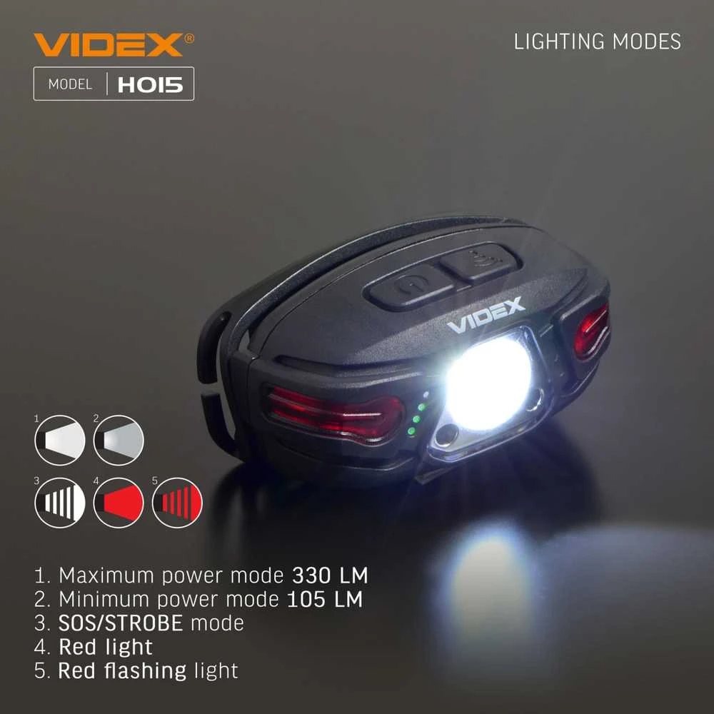 Įkraunamas galvos žibintas su judesio jutikliu LED CREE XTE 5W, 330Lm 5000K, Li-ion 850mAh, VIDEX VLF-H015 – Bekontaktis judesio jutiklis šviesos įjungimui rankos mostu