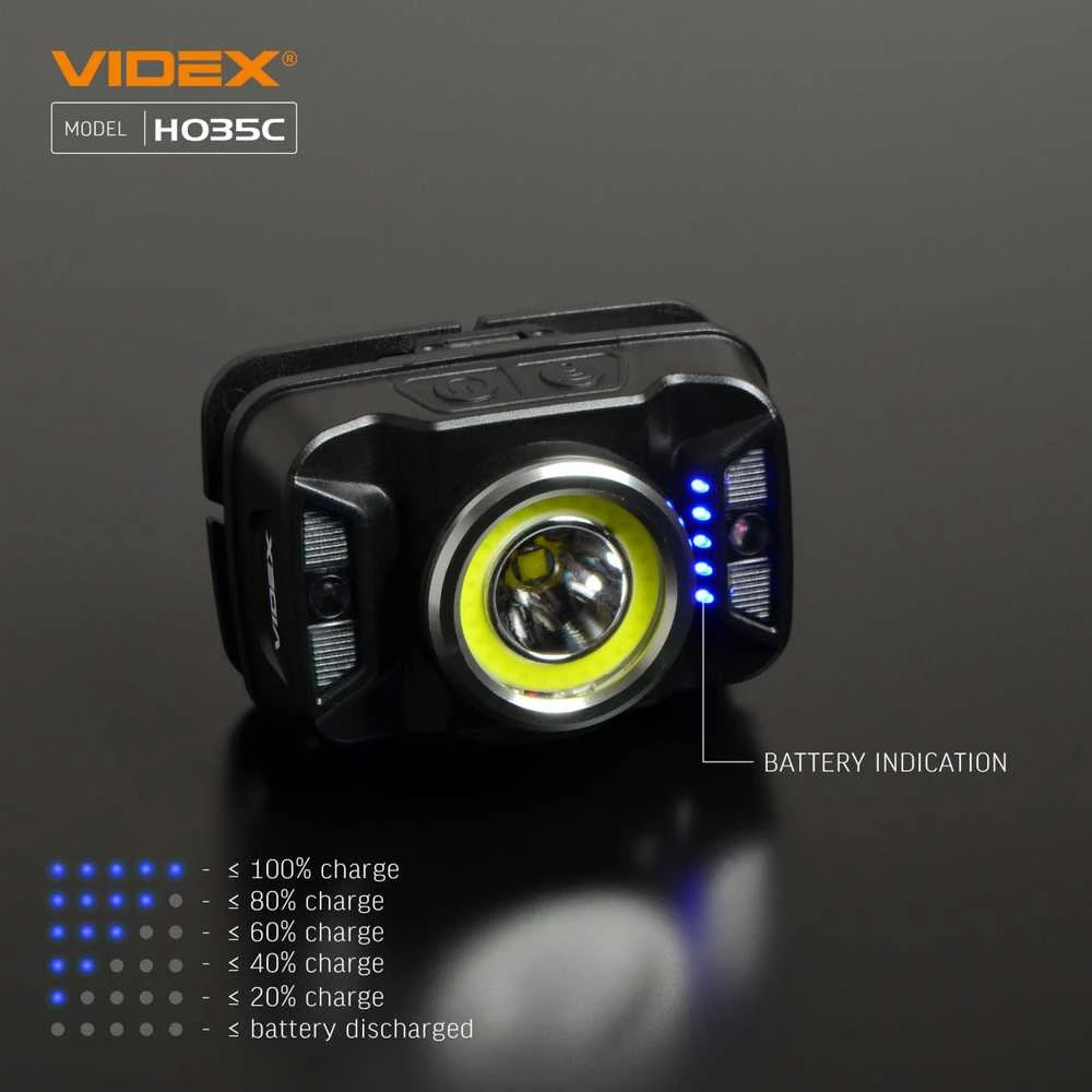Įkraunamas galvos žibintas su judesio jutikliu LED CREE XTE 5W + COB, 410Lm 5000K, Li-ion 1800mAh, VIDEX VLF-H035C – Padidinta 410Lm galia su plačiu ir siauru šviesos srautu