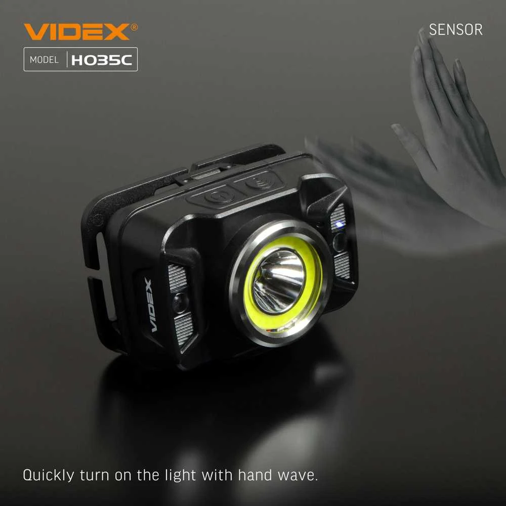 Įkraunamas galvos žibintas su judesio jutikliu LED CREE XTE 5W + COB, 410Lm 5000K, Li-ion 1800mAh, VIDEX VLF-H035C – Padidinta 410Lm galia su plačiu ir siauru šviesos srautu