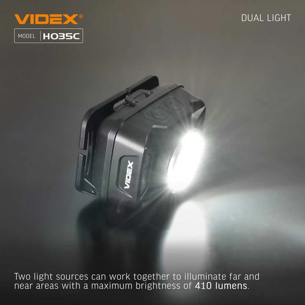 Įkraunamas galvos žibintas su judesio jutikliu LED CREE XTE 5W + COB, 410Lm 5000K, Li-ion 1800mAh, VIDEX VLF-H035C – Padidinta 410Lm galia su plačiu ir siauru šviesos srautu