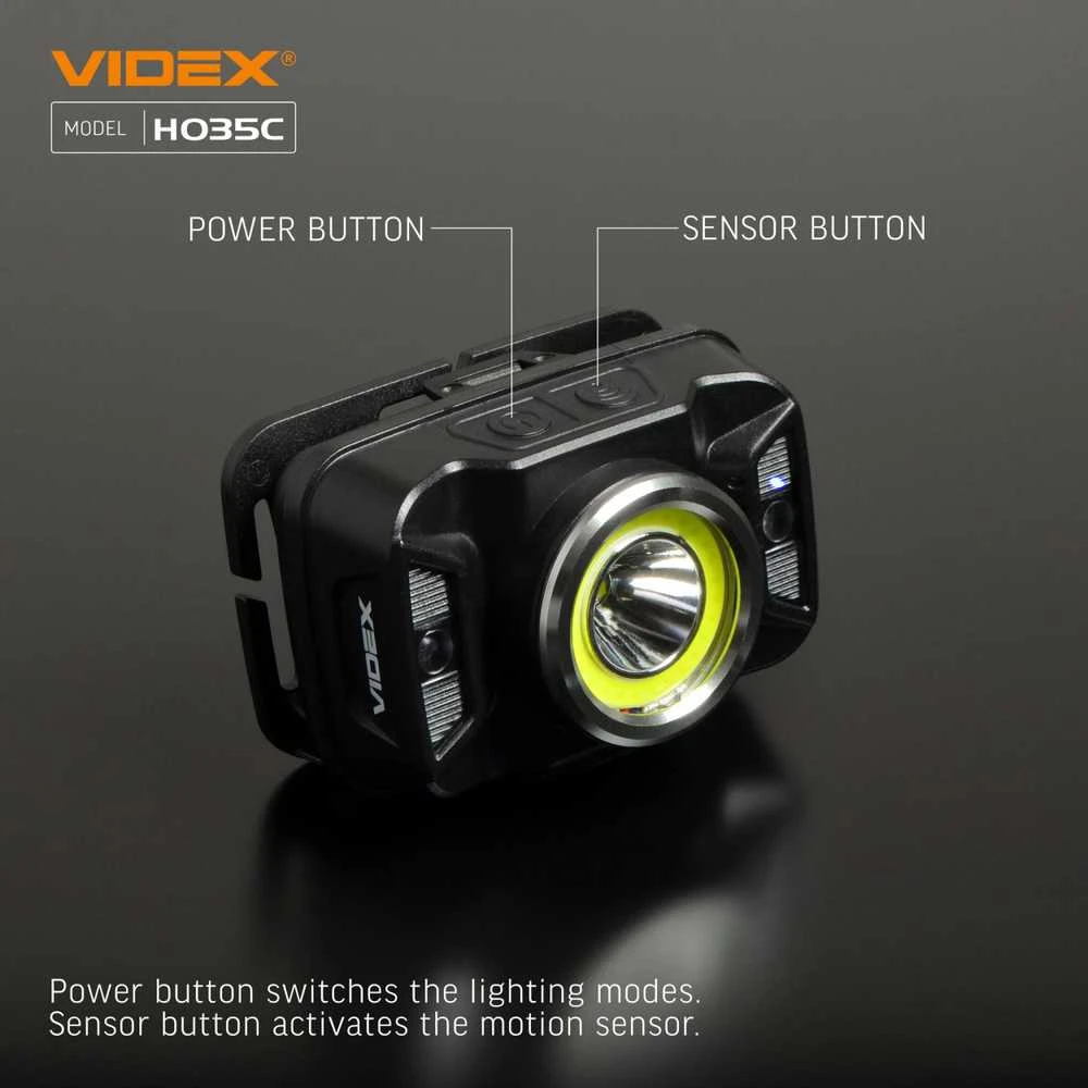Įkraunamas galvos žibintas su judesio jutikliu LED CREE XTE 5W + COB, 410Lm 5000K, Li-ion 1800mAh, VIDEX VLF-H035C – Padidinta 410Lm galia su plačiu ir siauru šviesos srautu