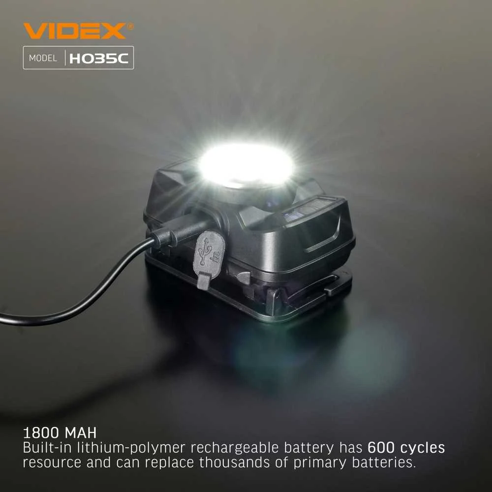 Įkraunamas galvos žibintas su judesio jutikliu LED CREE XTE 5W + COB, 410Lm 5000K, Li-ion 1800mAh, VIDEX VLF-H035C – Padidinta 410Lm galia su plačiu ir siauru šviesos srautu