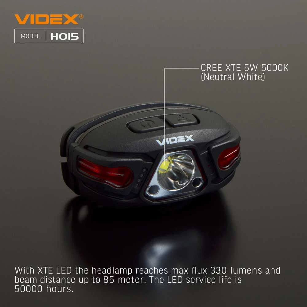 Įkraunamas galvos žibintas su judesio jutikliu LED CREE XTE 5W, 330Lm 5000K, Li-ion 850mAh, VIDEX VLF-H015 – Bekontaktis judesio jutiklis šviesos įjungimui rankos mostu
