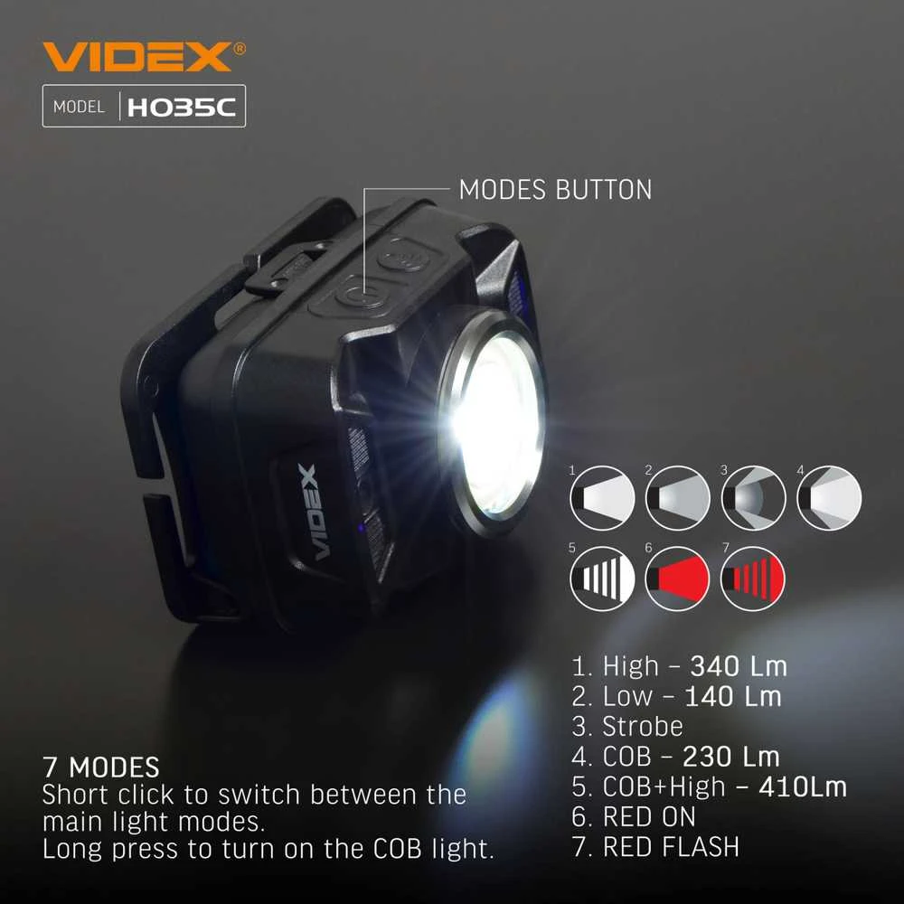 Įkraunamas galvos žibintas su judesio jutikliu LED CREE XTE 5W + COB, 410Lm 5000K, Li-ion 1800mAh, VIDEX VLF-H035C – Padidinta 410Lm galia su plačiu ir siauru šviesos srautu