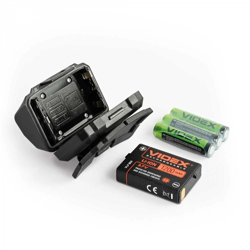 Videx Įkraunamas galvos žibintas su judesio jutikliu LED 2xCREE XTE 5W 500Lm 5000K, Li-ion VLF-B12 1200mAh kai 3xAAA, VLF-H055D – Hibridinis maitinimas iš keičiamo akumuliatoriaus arba AAA baterijų