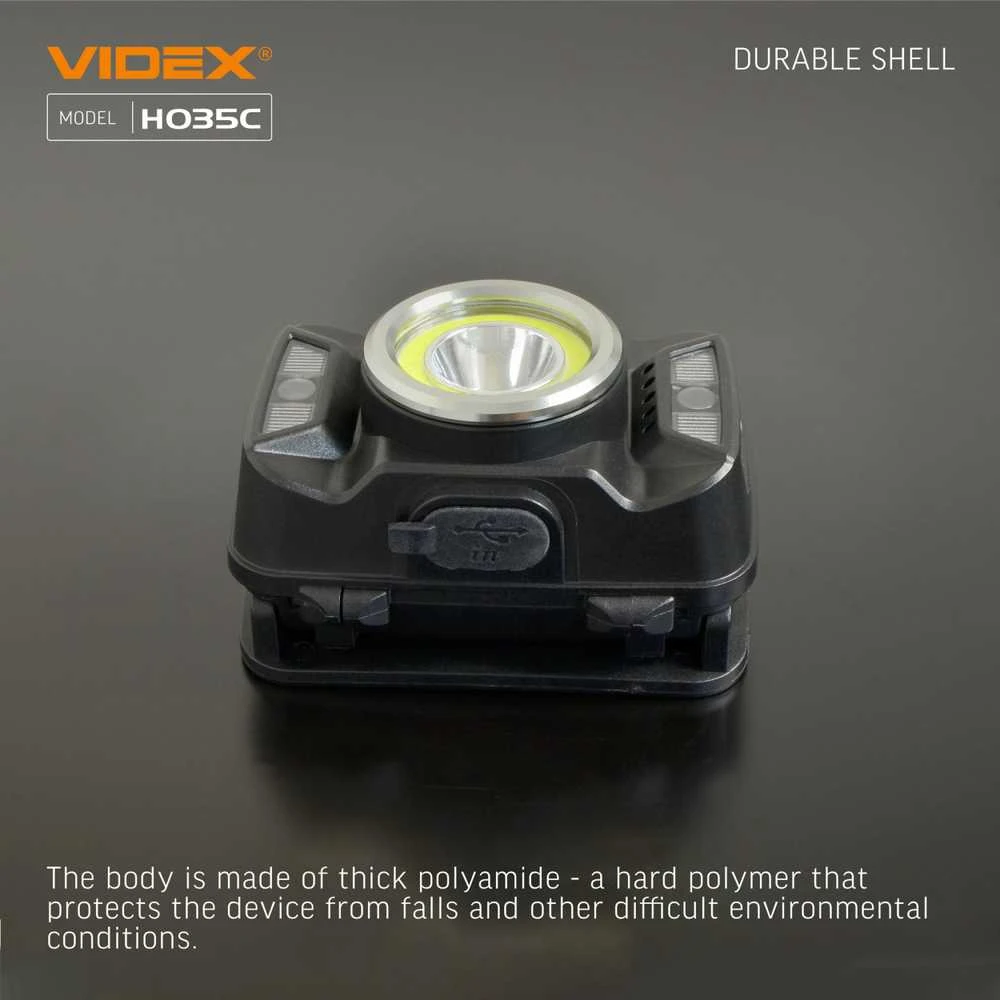 Įkraunamas galvos žibintas su judesio jutikliu LED CREE XTE 5W + COB, 410Lm 5000K, Li-ion 1800mAh, VIDEX VLF-H035C – Padidinta 410Lm galia su plačiu ir siauru šviesos srautu