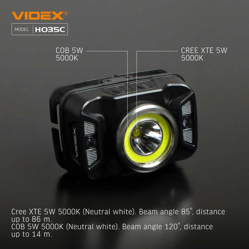 Įkraunamas galvos žibintas su judesio jutikliu LED CREE XTE 5W + COB, 410Lm 5000K, Li-ion 1800mAh, VIDEX VLF-H035C – Padidinta 410Lm galia su plačiu ir siauru šviesos srautu