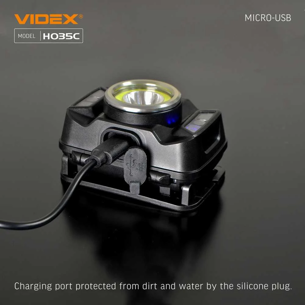 Įkraunamas galvos žibintas su judesio jutikliu LED CREE XTE 5W + COB, 410Lm 5000K, Li-ion 1800mAh, VIDEX VLF-H035C – Padidinta 410Lm galia su plačiu ir siauru šviesos srautu