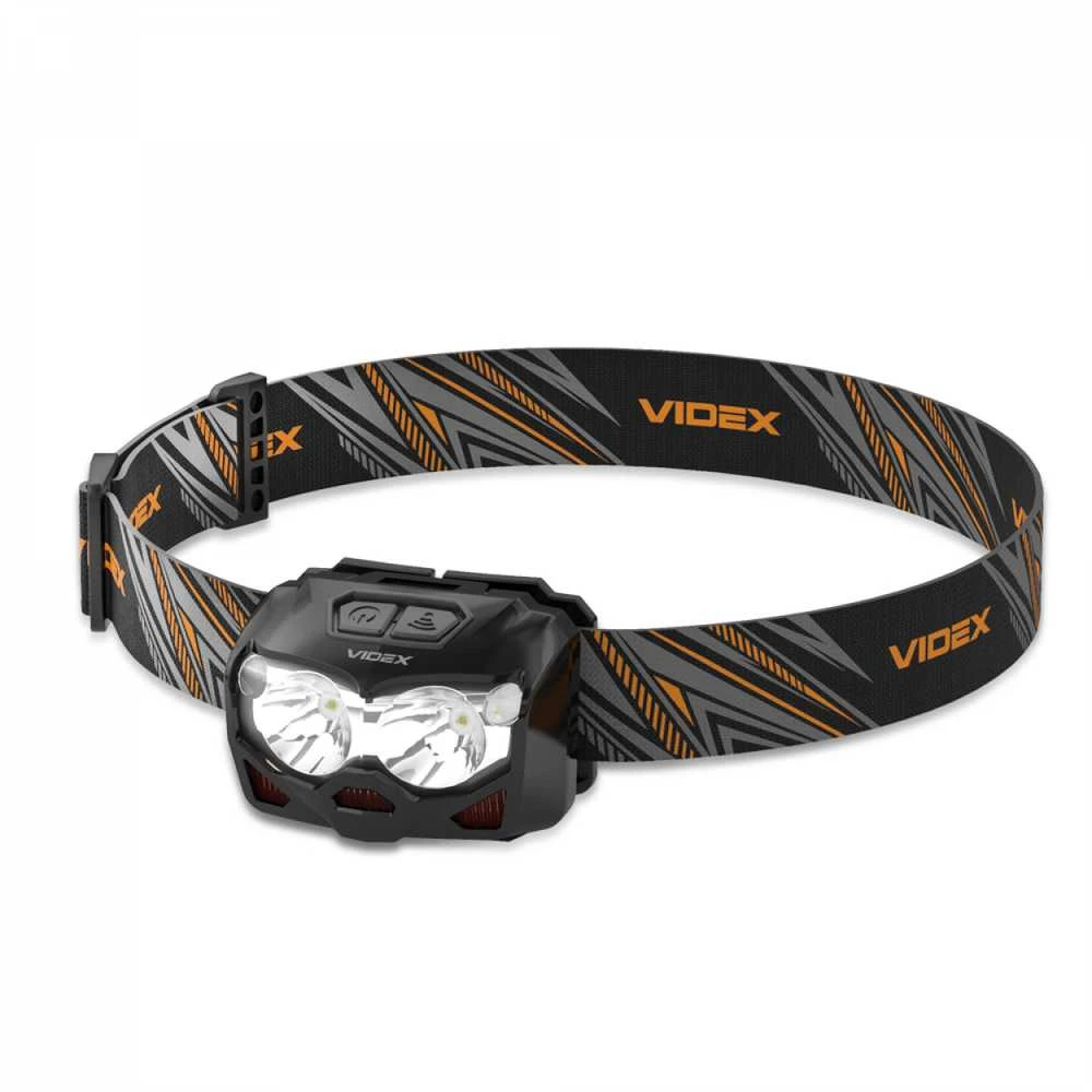 Videx Įkraunamas galvos žibintas su judesio jutikliu LED 2xCREE XTE 5W 500Lm 5000K, Li-ion VLF-B12 1200mAh kai 3xAAA, VLF-H055D – Hibridinis maitinimas iš keičiamo akumuliatoriaus arba AAA baterijų