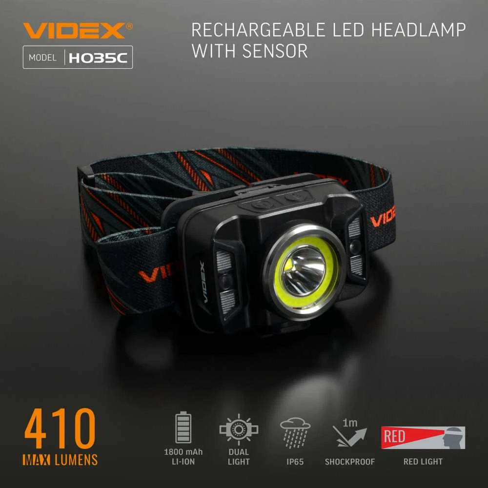 Įkraunamas galvos žibintas su judesio jutikliu LED CREE XTE 5W + COB, 410Lm 5000K, Li-ion 1800mAh, VIDEX VLF-H035C – Padidinta 410Lm galia su plačiu ir siauru šviesos srautu