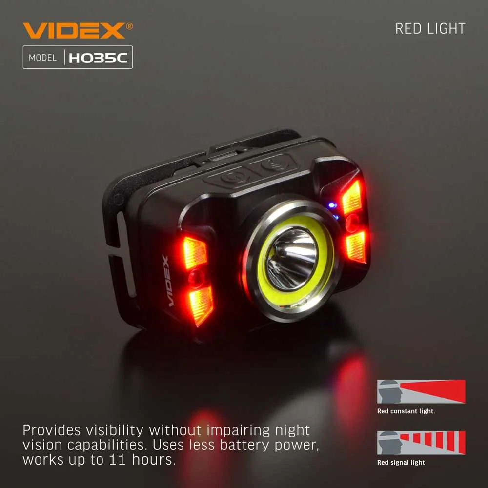 Įkraunamas galvos žibintas su judesio jutikliu LED CREE XTE 5W + COB, 410Lm 5000K, Li-ion 1800mAh, VIDEX VLF-H035C – Padidinta 410Lm galia su plačiu ir siauru šviesos srautu