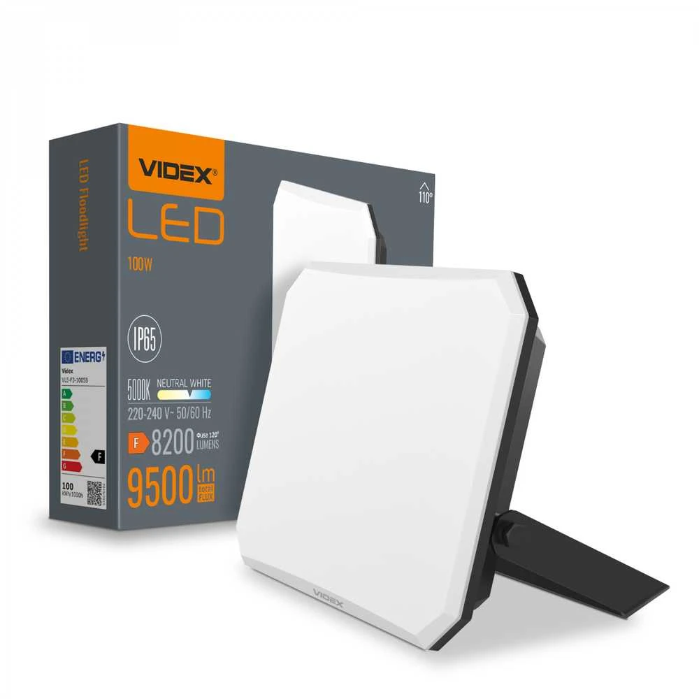LED prožektorius 100W 8200Lm 5000K IP65, VIDEX VLE-F3-1005B – Kompaktiškas aliuminio korpusas