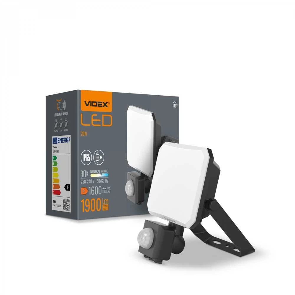 LED prožektorius su jutikliu 20W 1600Lm 5000K IP65, VIDEX VLE-F3-0205B-S – Reguliuojamas PIR judesio jutiklis (SENS/TIME/LUX)