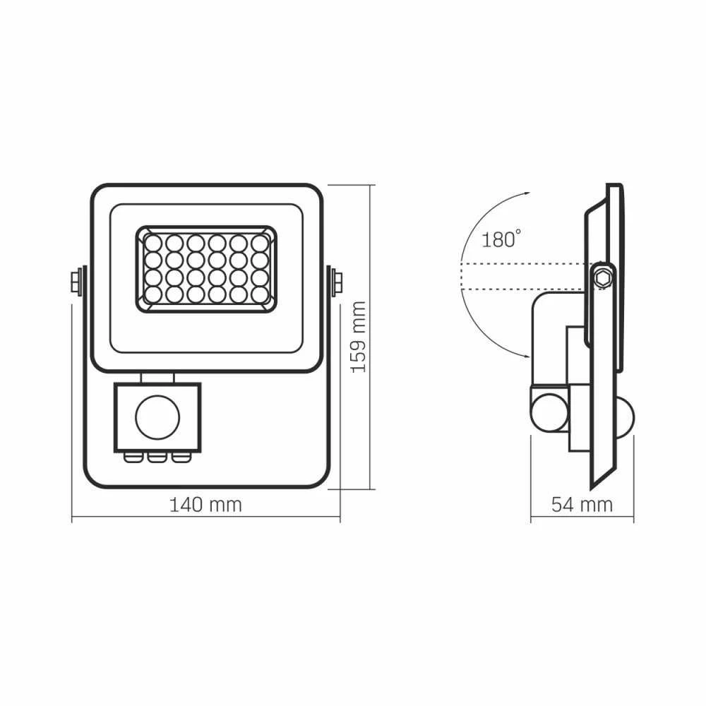 LED prožektorius su jutikliu 20W 1800Lm 5000K IP65, VIDEX VLE-F2e-205W-S | LUCA – Reguliuojamas PIR judesio jutiklis (SENS/TIME/LUX)