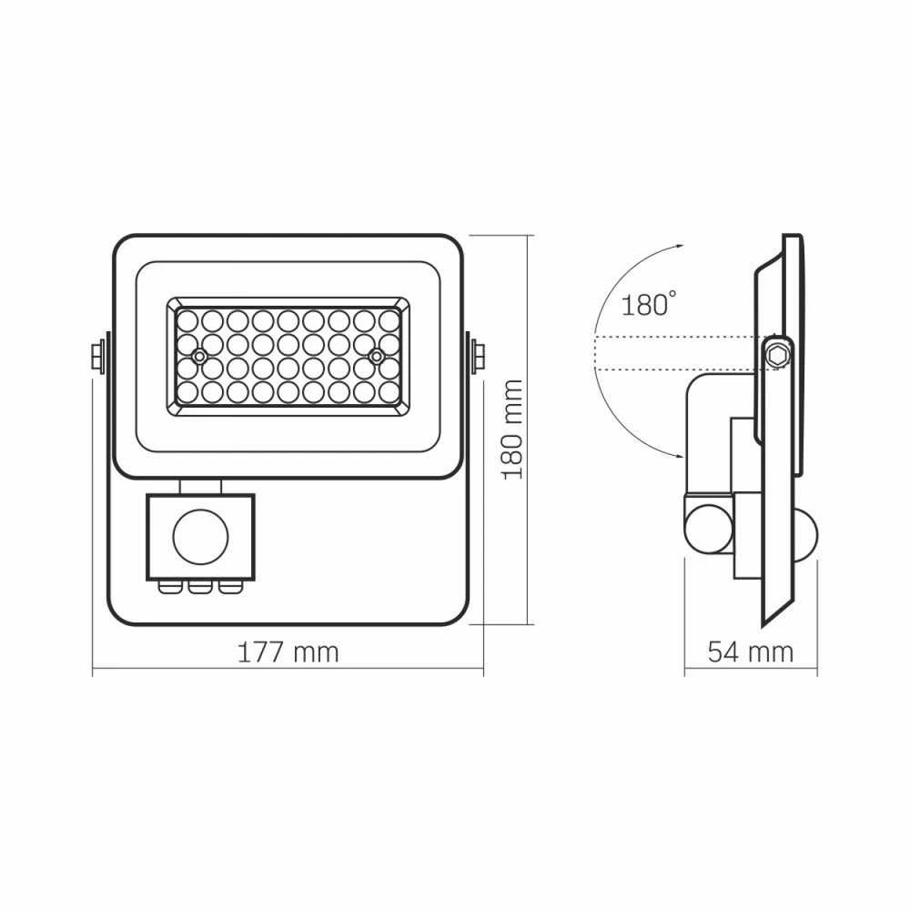 LED prožektorius su jutikliu 30W 2700Lm 5000K IP65, VIDEX VLE-F2e-305W-S | LUCA – Reguliuojamas PIR judesio jutiklis (SENS/TIME/LUX)