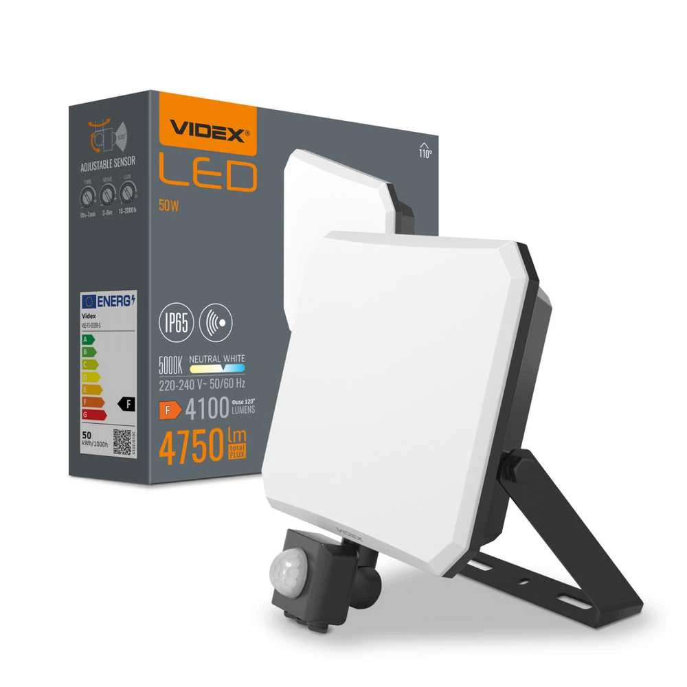 LED prožektorius su jutikliu 50W 4100Lm 5000K IP65, VIDEX VLE-F3-0505B-S – Reguliuojamas PIR judesio jutiklis (SENS/TIME/LUX)