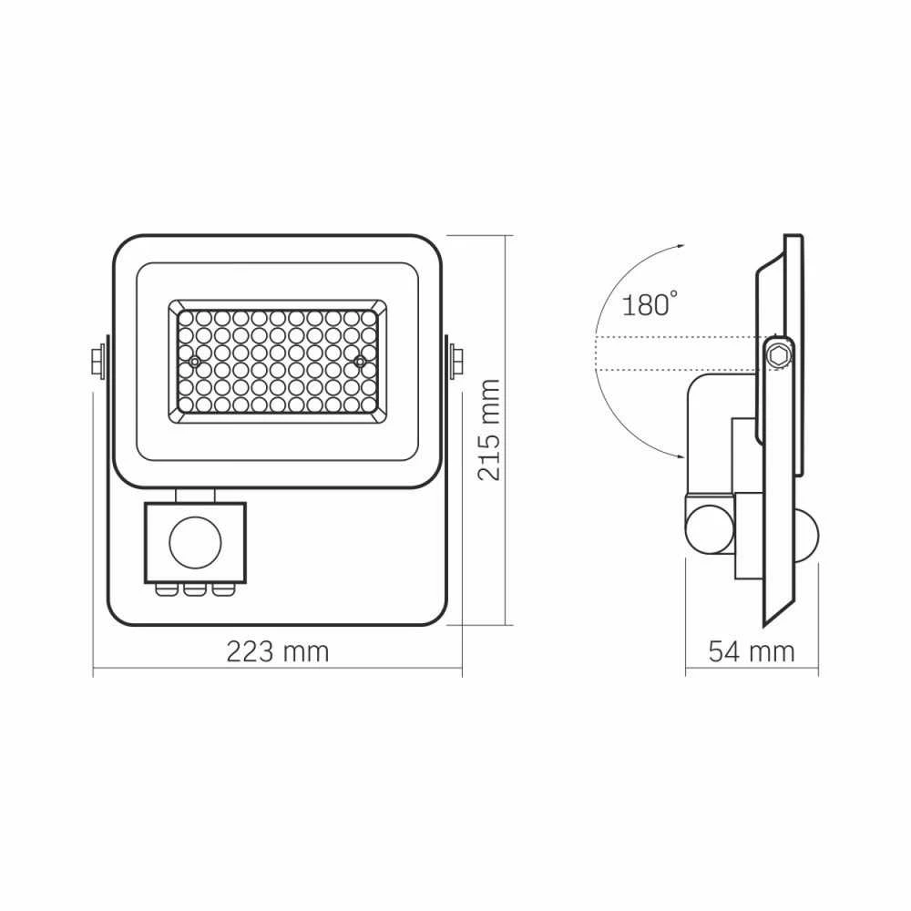 LED prožektorius su jutikliu 50W 4500Lm 5000K IP65, VIDEX VLE-F2e-505W-S | LUCA – Reguliuojamas PIR judesio jutiklis (SENS/TIME/LUX)