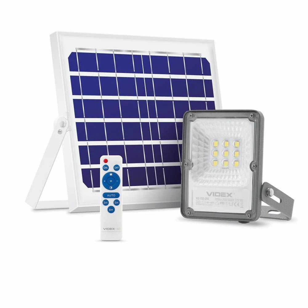 Saulės LED prožektorius su saulės baterija 20Wh 600Lm 5000K IP65 LiFePO4 5000 mAh 3.2V 10W, VIDEX VLE-FSO-205 – Monokristalinė baterija visiškai nepriklausomybei nuo elektros tinklo