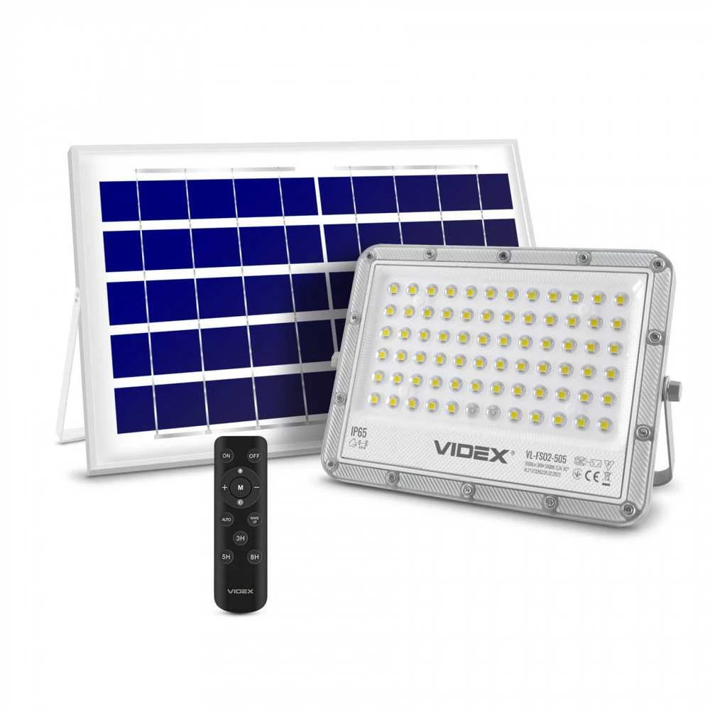 Saulės LED prožektorius su saulės baterija 50Wh 1000Lm 5000K IP65 LiFePO4 10000 mAh 3.2V 10W, VIDEX VL-FSO2-505 – Monokristalinė baterija visiškai nepriklausomybei nuo elektros tinklo
