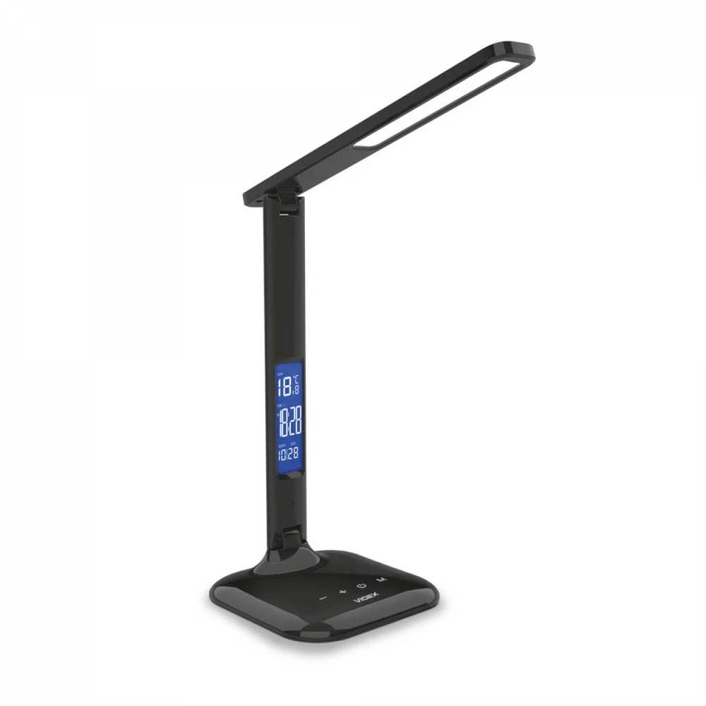 Dimeriuojama LED stalinė lempa su ekranu 7W 490Lm 3000/4000/5500K, VIDEX VLE-TF05B | RIO, juodas – Integruotas informacinis ekranas su laikrodžiu ir termometru