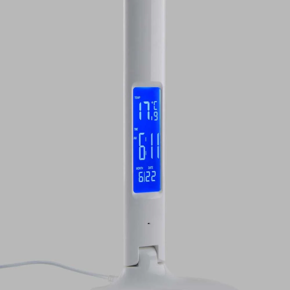 Dimeriuojama LED stalinė lempa su ekranu 5W 490Lm 3000/4000/5500K, VIDEX VLE-TF05W-RGB | baltas – Integruotas informacinis ekranas su laikrodžiu ir termometru
