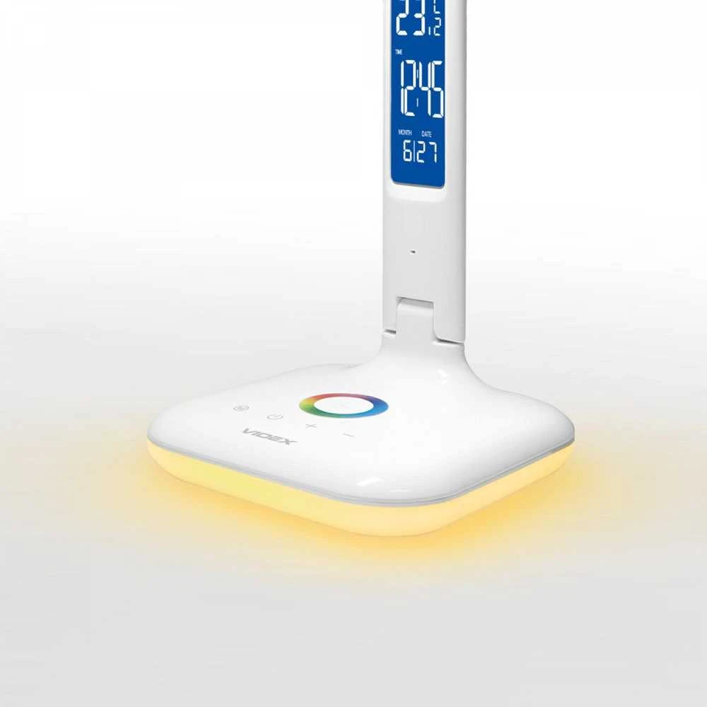 Dimeriuojama LED stalinė lempa su ekranu 5W 490Lm 3000/4000/5500K, VIDEX VLE-TF05W-RGB | baltas – Integruotas informacinis ekranas su laikrodžiu ir termometru
