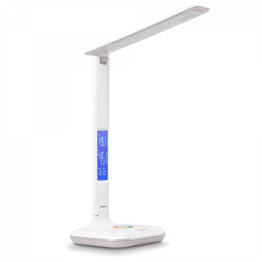 Dimeriuojama LED stalinė lempa su ekranu 5W 490Lm 3000/4000/5500K, VIDEX VLE-TF05W-RGB | baltas – Integruotas informacinis ekranas su laikrodžiu ir termometru