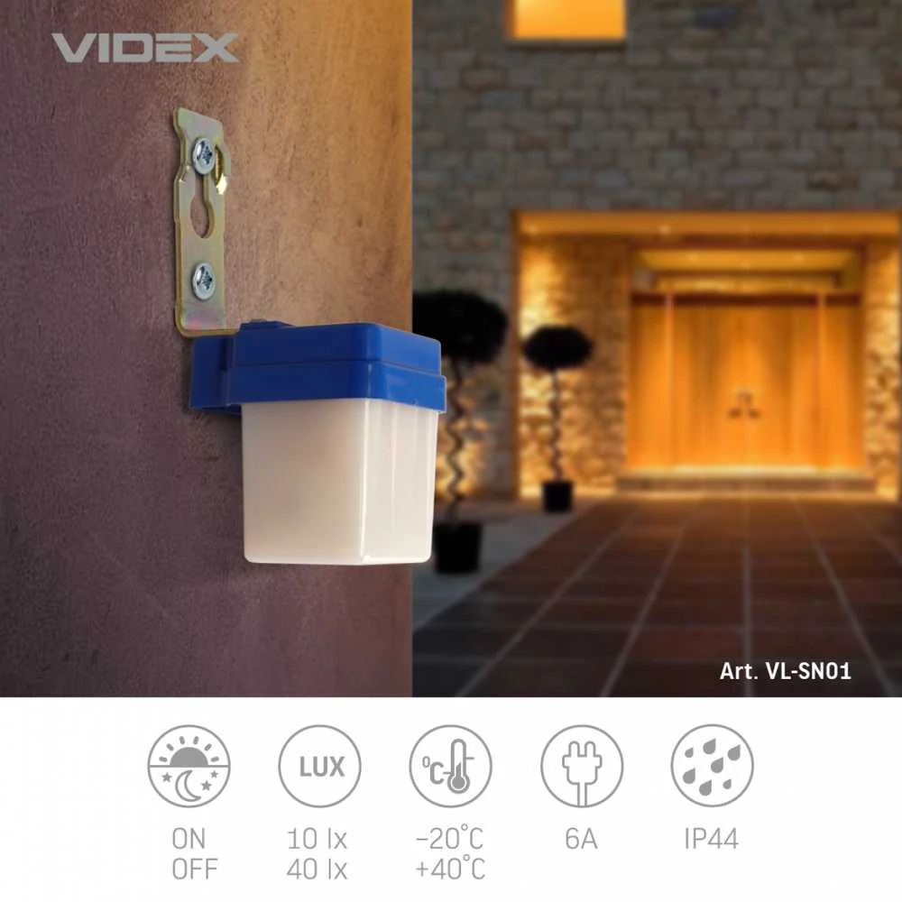 Sutemų sensorius fotorelė 6A fotometrisks, VIDEX VL-SN01 – Automatinis teritorijos apšvietimo įjungimas tamsoje su apkrova iki 6A