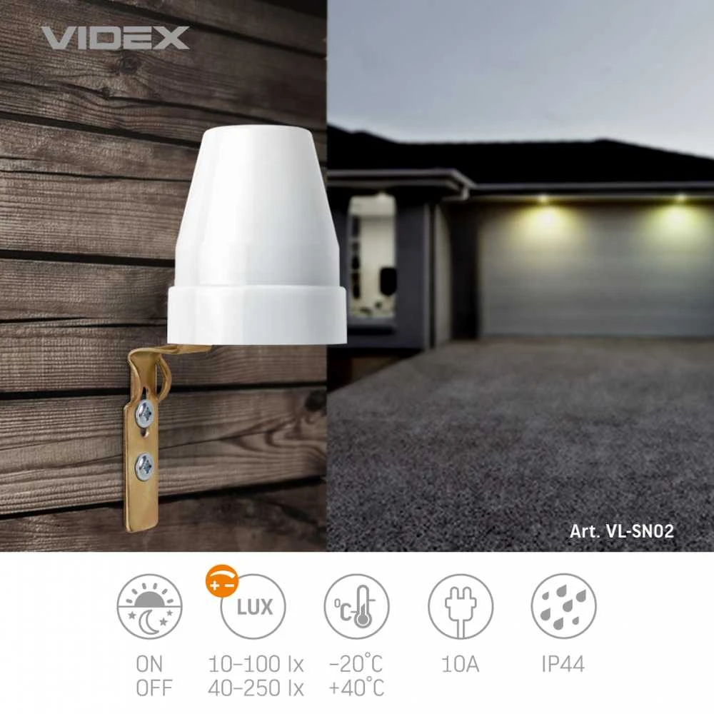 Sutemų sensorius fotorelė 10A fotometrisks, VIDEX VL-SN02 – Automatinis teritorijos apšvietimo įjungimas tamsoje su apkrova iki 10A