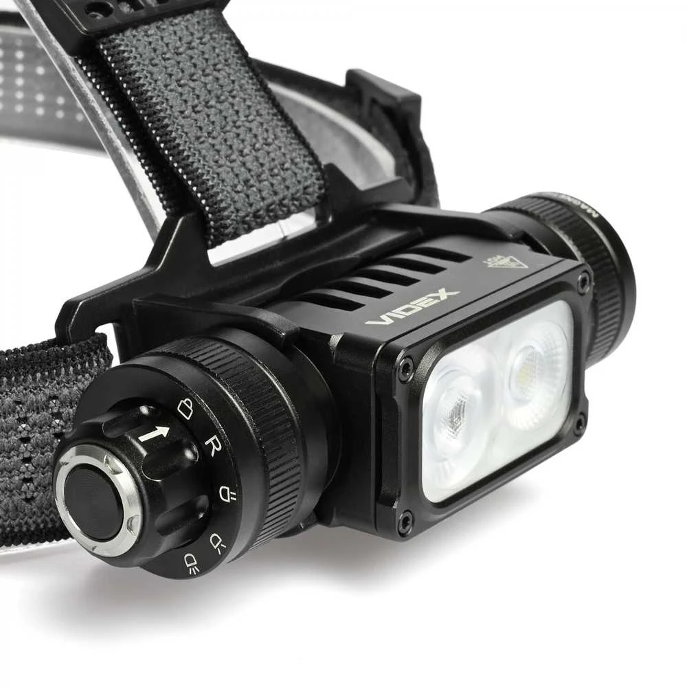 Videx Įkraunamas galvos žibintas LED Luminus SST20 10W / SST40 20W + 2x SMD Raudonas, 2000Lm, 5000K, Li-ion 1х18650 2200mAh, VLF-H066A – Ekstremalaus 2000Lm hibridinio galingumo su dviem Luminus diodais