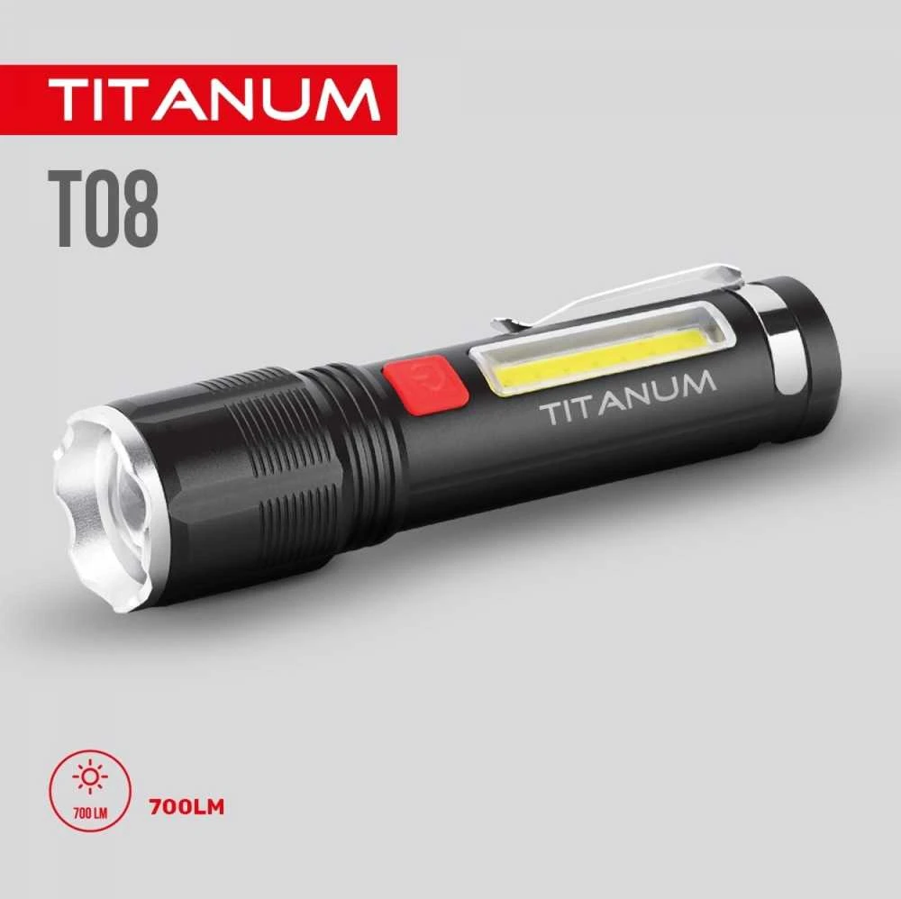 Įkraunamas kišeninis LED žibintuvėlis 700Lm 6500K, Li-ion 18650 1500mAh, TITANUM TLF-T08 – Optinis priartinimas spindulio reguliavimui ir padidinta 700Lm galia
