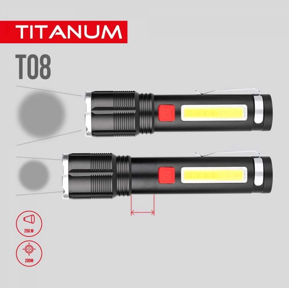 Įkraunamas kišeninis LED žibintuvėlis 700Lm 6500K, Li-ion 18650 1500mAh, TITANUM TLF-T08 – Optinis priartinimas spindulio reguliavimui ir padidinta 700Lm galia
