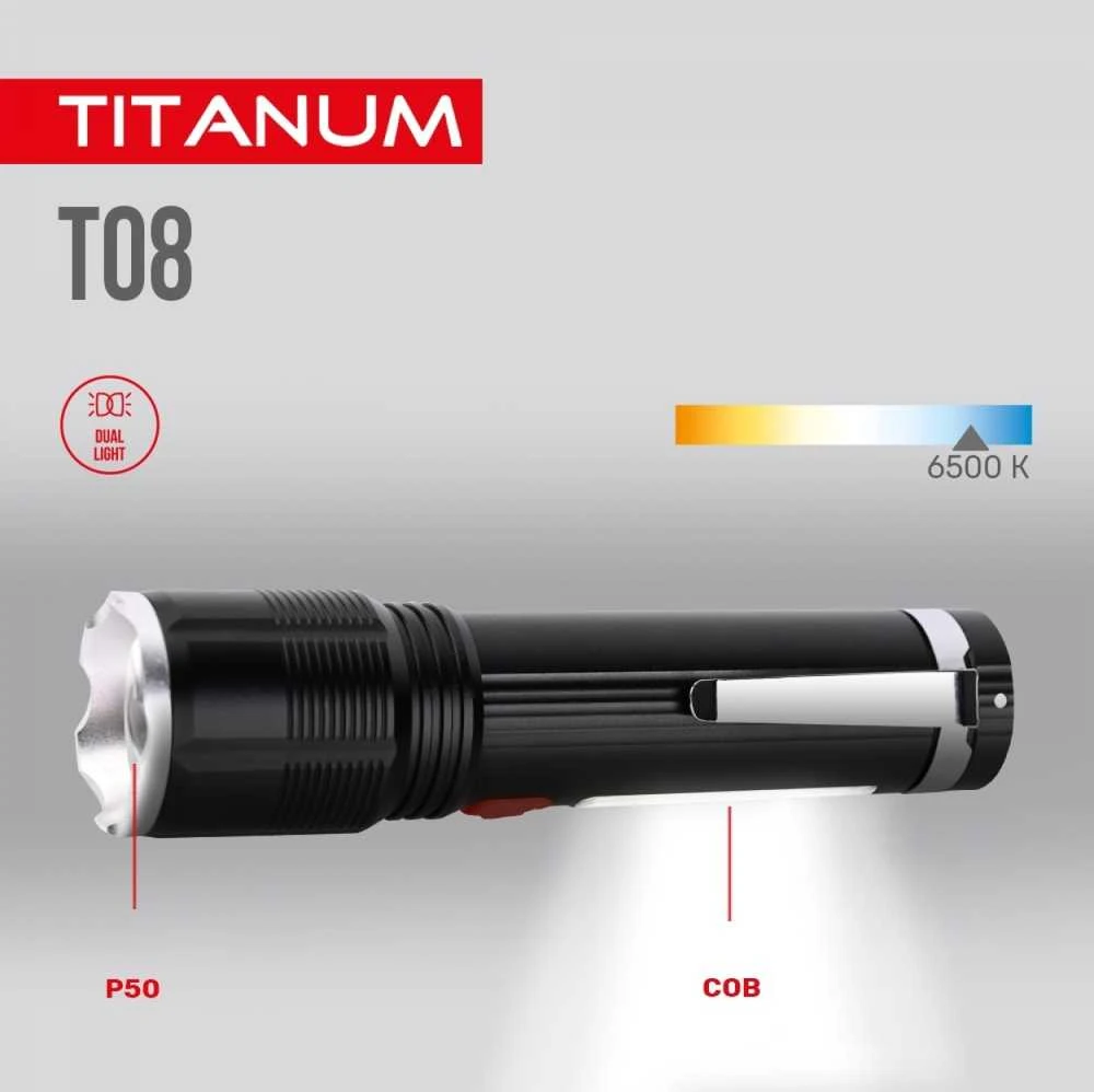 Įkraunamas kišeninis LED žibintuvėlis 700Lm 6500K, Li-ion 18650 1500mAh, TITANUM TLF-T08 – Optinis priartinimas spindulio reguliavimui ir padidinta 700Lm galia
