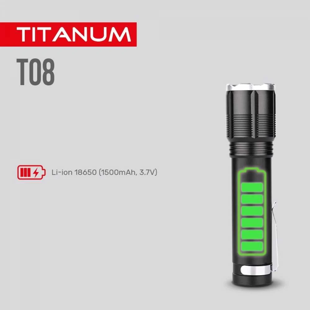 Įkraunamas kišeninis LED žibintuvėlis 700Lm 6500K, Li-ion 18650 1500mAh, TITANUM TLF-T08 – Optinis priartinimas spindulio reguliavimui ir padidinta 700Lm galia
