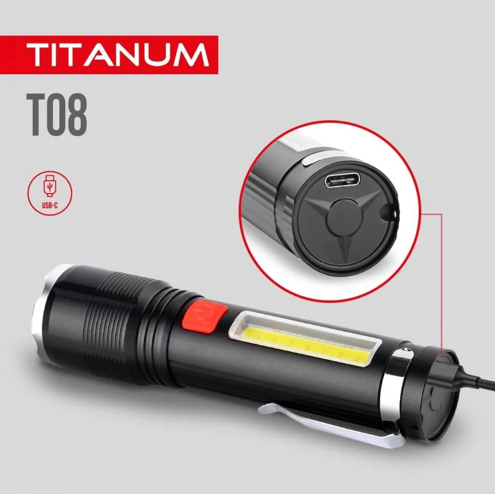Įkraunamas kišeninis LED žibintuvėlis 700Lm 6500K, Li-ion 18650 1500mAh, TITANUM TLF-T08 – Optinis priartinimas spindulio reguliavimui ir padidinta 700Lm galia
