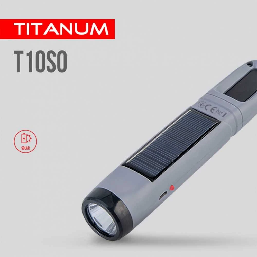 Įkraunamas kišeninis LED žibintuvėlis su saulės baterija 50+50Lm 5500K, Li-ion 18650 800mAh, TITANUM TLF-T10SO – Įmontuota saulės baterija įkrovimui be elektros tinklo