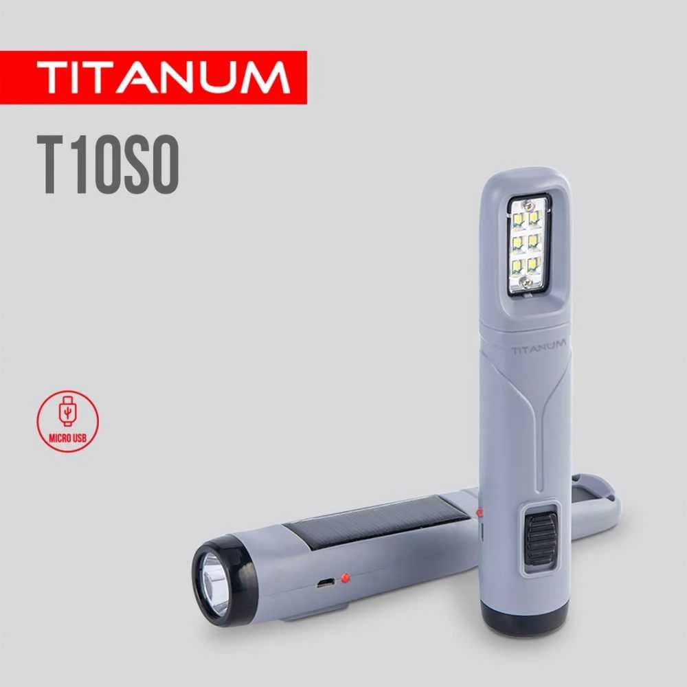 Įkraunamas kišeninis LED žibintuvėlis su saulės baterija 50+50Lm 5500K, Li-ion 18650 800mAh, TITANUM TLF-T10SO – Įmontuota saulės baterija įkrovimui be elektros tinklo