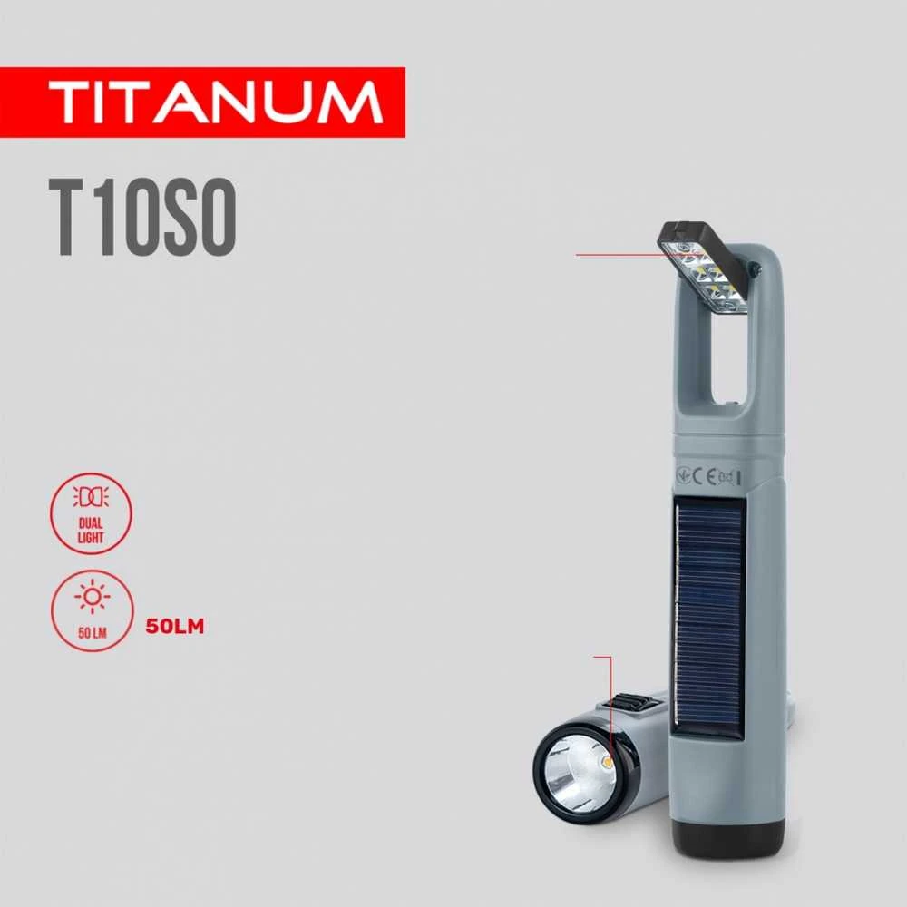 Įkraunamas kišeninis LED žibintuvėlis su saulės baterija 50+50Lm 5500K, Li-ion 18650 800mAh, TITANUM TLF-T10SO – Įmontuota saulės baterija įkrovimui be elektros tinklo