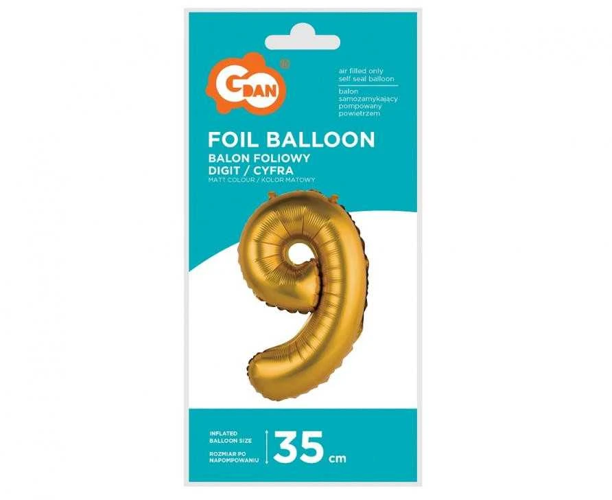9 matinio aukso spalvos mini folijos balionas „Skaičiai auksinis“, 35 cm