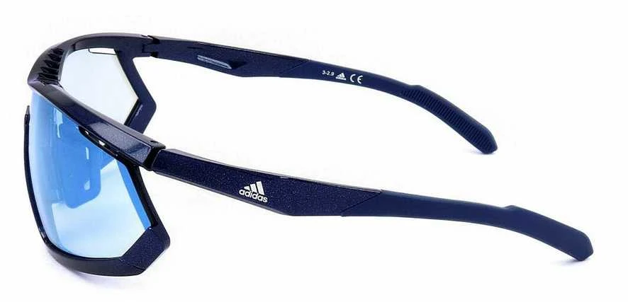 Adidas sportiniai akiniai tamsiai mėlynu rėmeliu ir žydrais lęšiais