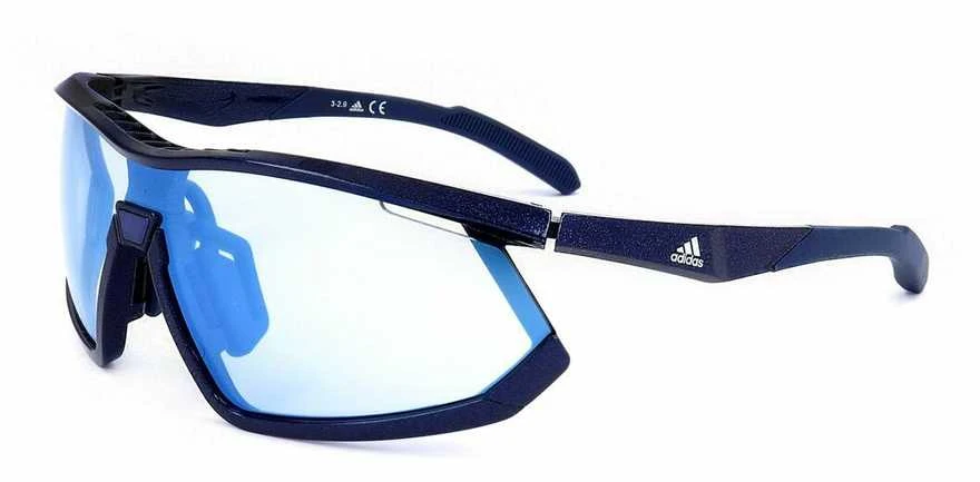 Adidas sportiniai akiniai tamsiai mėlynu rėmeliu ir žydrais lęšiais