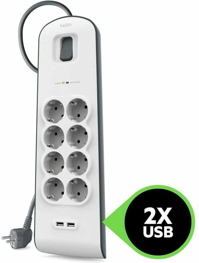 Belkin 900J, 8 „Schuko“ lizdai, 2x USB-A, 2 m