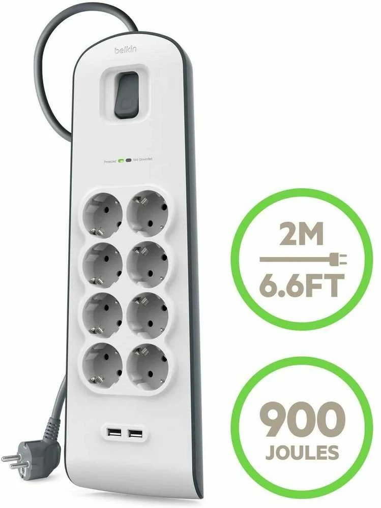 Belkin 900J, 8 „Schuko“ lizdai, 2x USB-A, 2 m