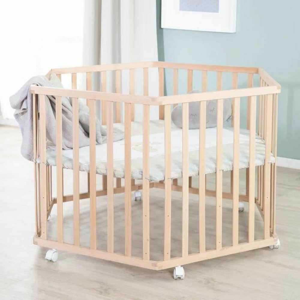 Hegaxonal Baby Playpen - ROBA - LIEBHABEAR - Height Adjustable - Removable Base - 6 Braked Wheels - Natural Wood - Teddy Bear Pa