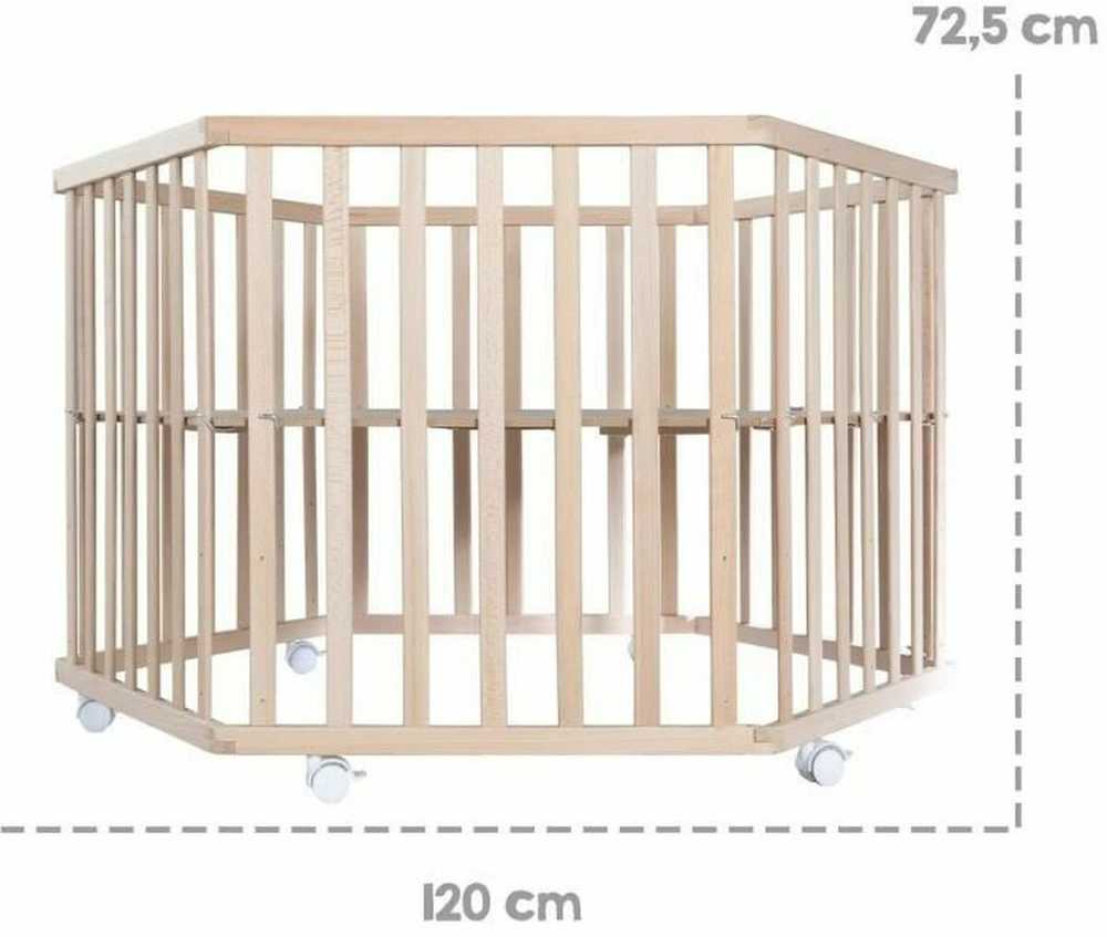 Hegaxonal Baby Playpen - ROBA - LIEBHABEAR - Height Adjustable - Removable Base - 6 Braked Wheels - Natural Wood - Teddy Bear Pa