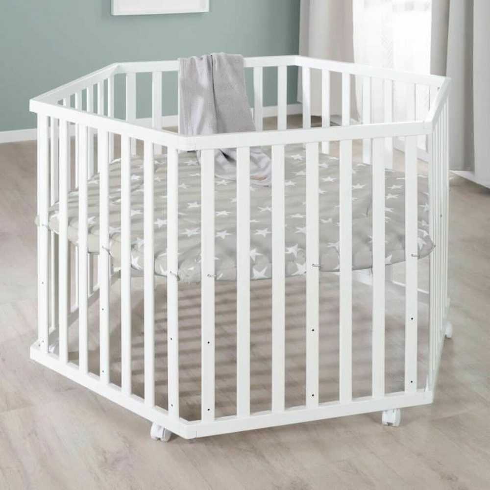 ROBA LITTLE STARS Hegaxonal Baby Playpen - Adjustable Height - Padded Cover - Braked Wheels - Baltas Lacquered Wood - Star Patter