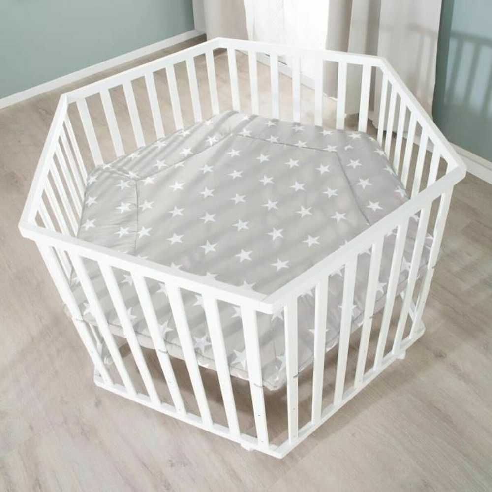 ROBA LITTLE STARS Hegaxonal Baby Playpen - Adjustable Height - Padded Cover - Braked Wheels - Baltas Lacquered Wood - Star Patter