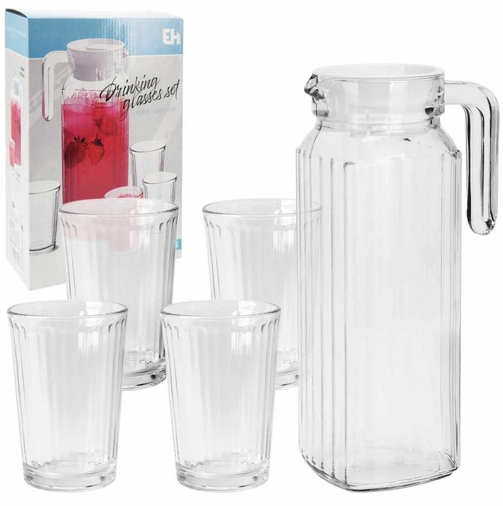 Excellent Houseware Stiklinis 5 dalių džbanas su dangteliu ir stiklinėmis