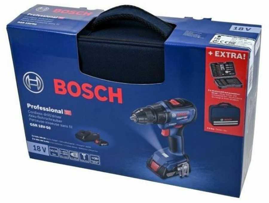Suktuvas-gręžtuvas Bosch GSR 18V-50; 18 V; 2x2,0 Ah akum. + 43 priedai