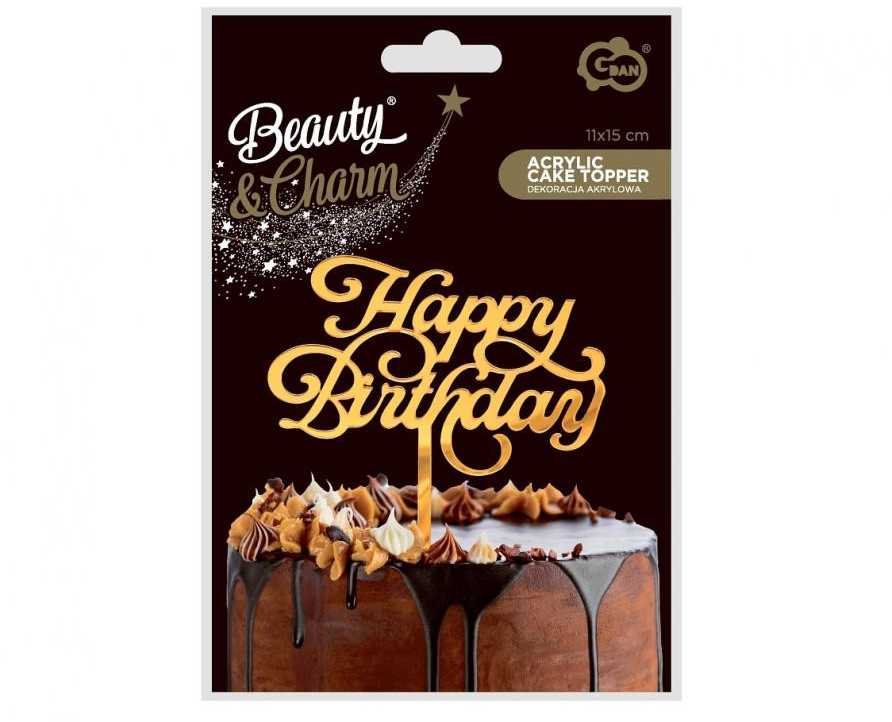 GoDan Dekoracja akrylowa na tort Happy Birthday auksinė